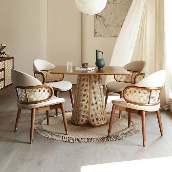 Aurelia Teak Wood Rattan Dining Table Set – 4-Seater Cane Work Round Base Design