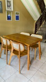 Rivana Teak Wood 4-Seater Dining Table Set – Modern Rattan Cane Chair Design