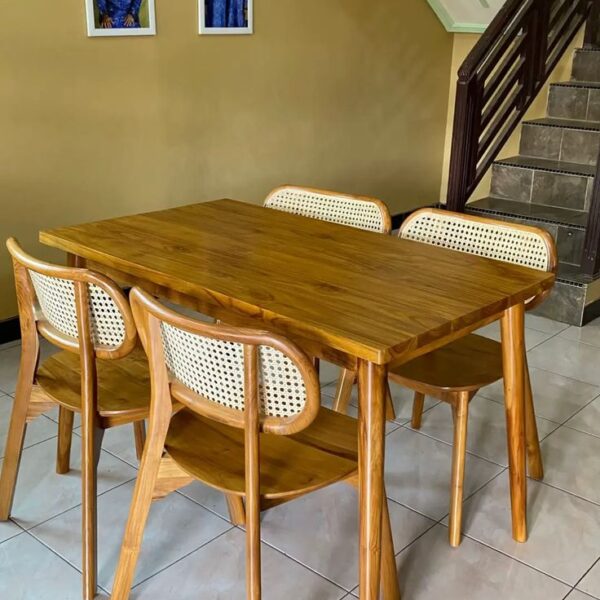 Rivana Teak Wood 4-Seater Dining Table Set – Modern Rattan Cane Chair Design