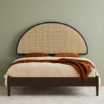 Aria Half-Moon Cane Queen Bed – Modern Rattan Headboard & Sleek Wood Frame