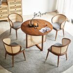 Solora Round Cane-Base Dining Table Set – Modern Teak Wood 4-Seater with Curved Rattan Chairs - Image 3