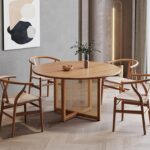 Solora Round Cane-Base Dining Table Set – Modern Teak Wood 4-Seater with Curved Rattan Chairs