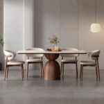 Solace Teak Wood Modern 4 Seater Dining Table Set – Minimalist Sculptural Base with Curved Chairs